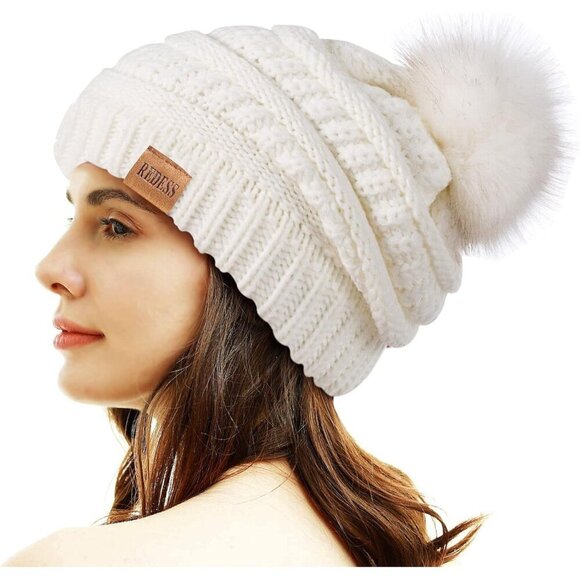 〽️Women White Winter Pom Pom Beanie Hat with Warm Fleece Lined XL